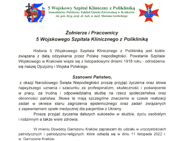 Życzenia Komendanta Szpitala z okazji Święta Niepodległości 