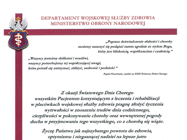 Życzenia z okazji Światowego Dnia Chorego