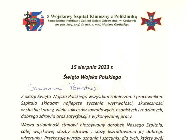 Życzenia Komendanta Szpitala z okazji Święta Wojska Polskiego