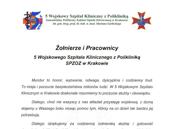 Życzenia Komendanta Szpitala z okazji Święta Wojska Polskiego