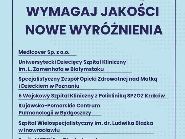 projekt "Wymagaj jakości", wyróżnienia dla 7 nowych szpitali w tym dla 5 wszk