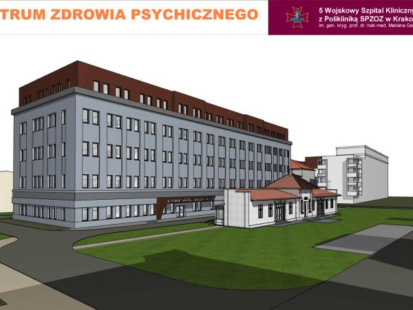 Rysunek 3D przedstawia projekt nowego budynku psychiatrii w szpitalu wojskowym.