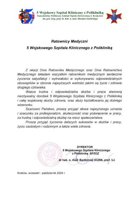 Życzenia z okazji Dnia Ratownictwa Medycznego 