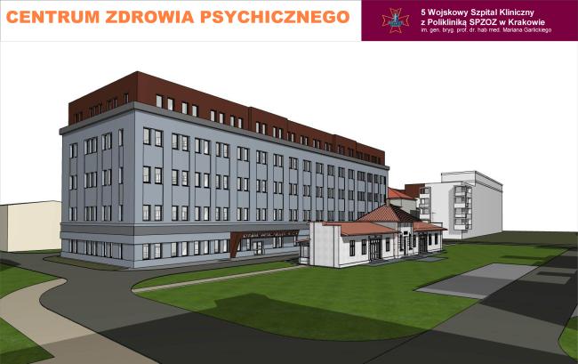 Rysunek 3D przedstawia projekt nowego budynku psychiatrii w szpitalu wojskowym.