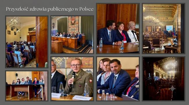 Kolaż ze zdjęć z konferencji o zdrowiu publicznym w Polsce 