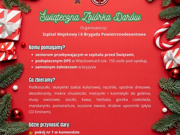 Grafika zapraszająca do wzięcia udziału w świątecznej zbiórce darów